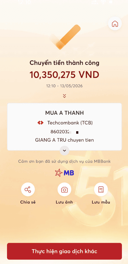 Biên lai chuyển khoản hoa hồng cho CTV qua MBBank
