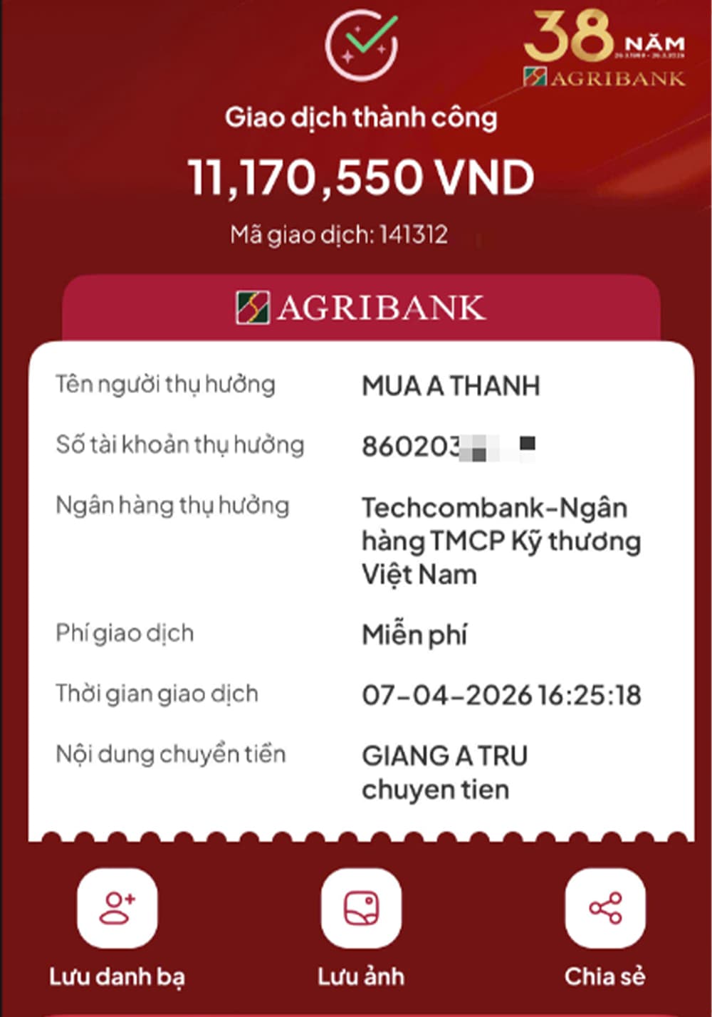 Biên lai chuyển khoản hoa hồng cho CTV qua Agribank