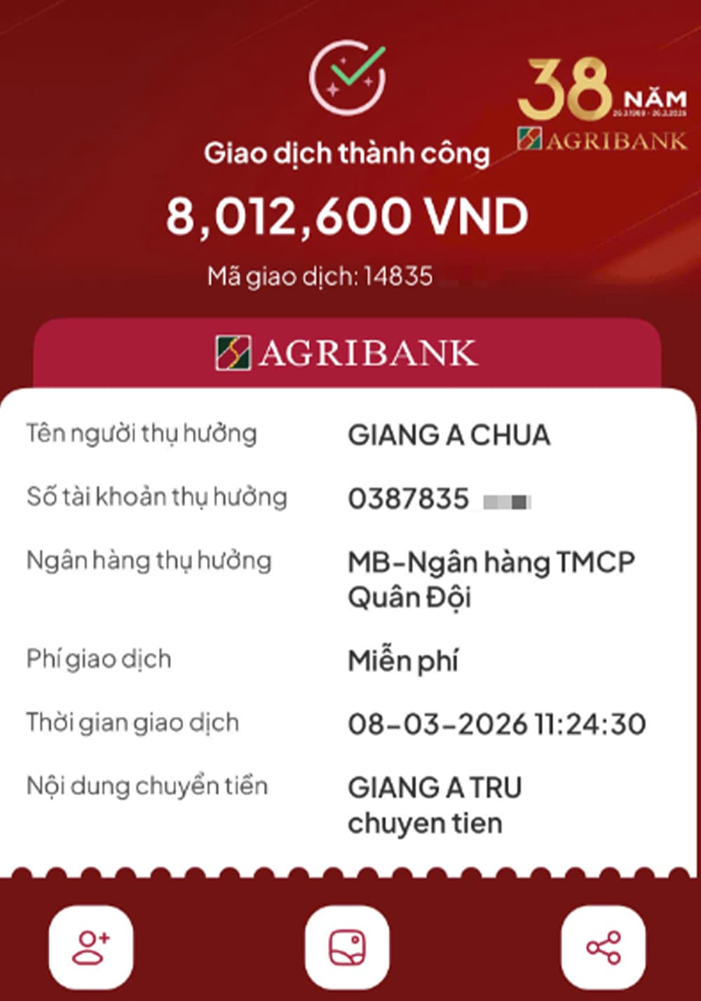 Biên lai chuyển khoản hoa hồng cho CTV qua Agribank