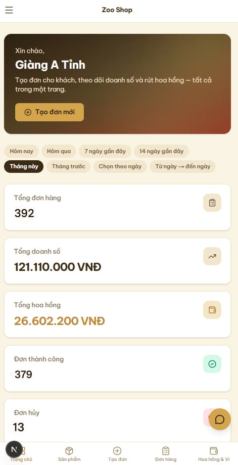 Ảnh chụp màn hình Trang chủ CTV — tổng đơn hàng, doanh số, hoa hồng thật