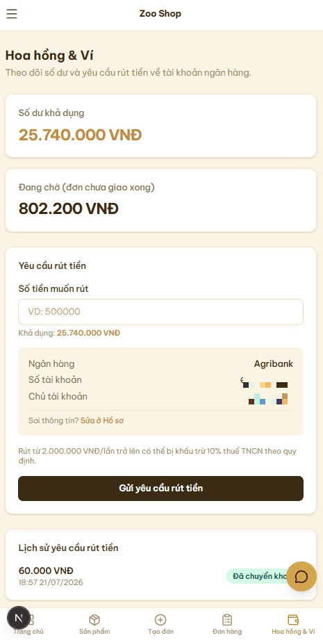Ảnh chụp màn hình Hoa hồng & Ví CTV — số dư khả dụng thật