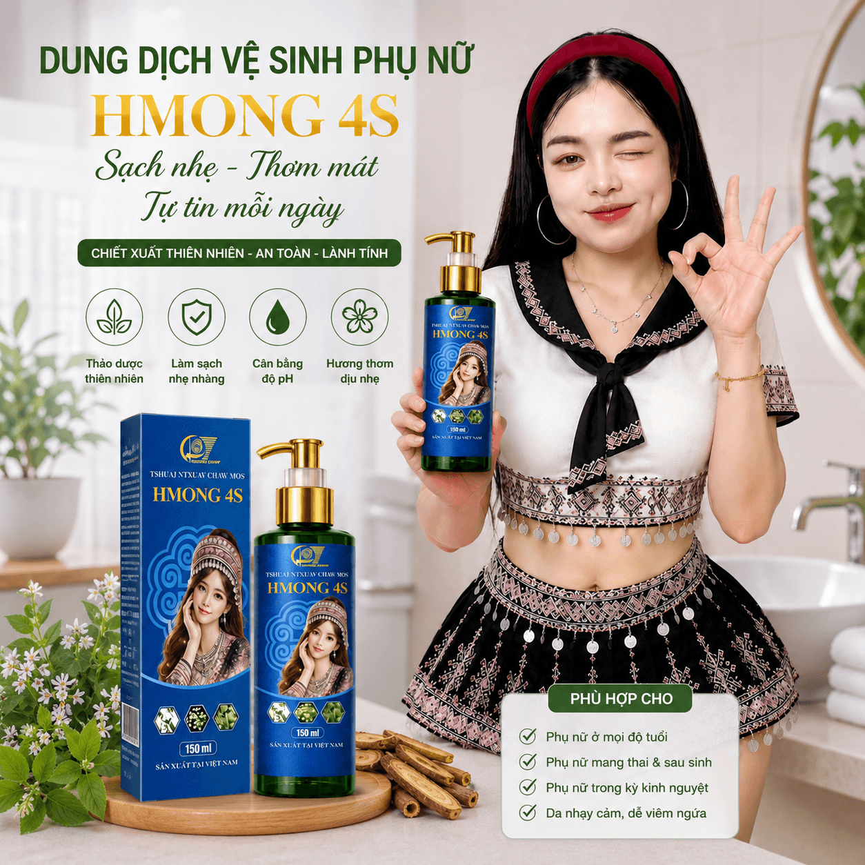 Dung Dịch Vệ Sinh Phụ Nữ HMONG 4S | Sạch Dịu Nhẹ – Cân Bằng pH – Tự Tin Mỗi Ngày